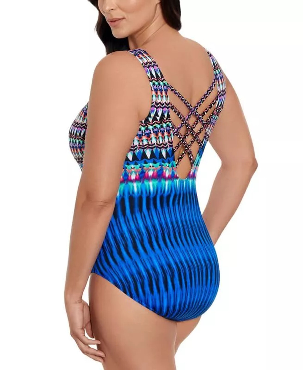 Swim Solutions Striped One Piece Swimsuit Strappy Back Size 12 Blue Slimming New